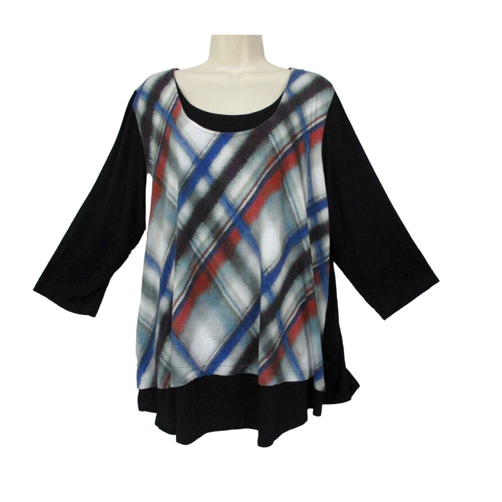 Karen Kane Tunic Top Womens 3X Plaid Layered 2Fer Black Rayon Knit